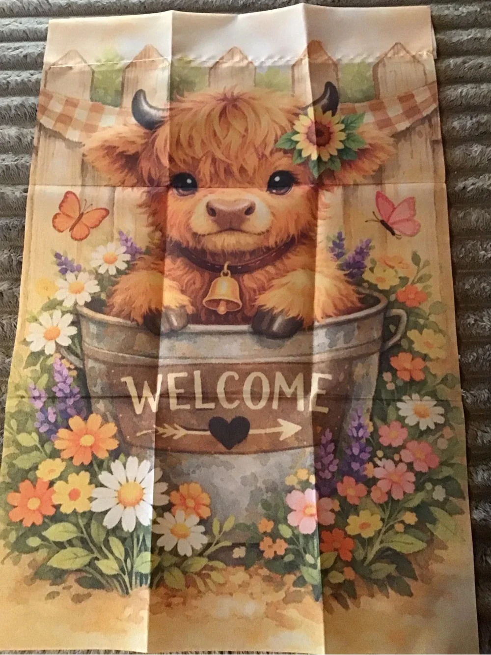 Welcome Highland Cow Floral mini garden flag- Cream and Brown